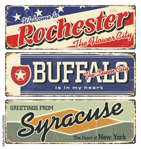 New York tin enamel sign. Vintage city label. Vintage tin sign collection with US cities. Rochester. Buffalo.Syracuse. Retro souvenirs or postcard templates on rust background from New York state. photo