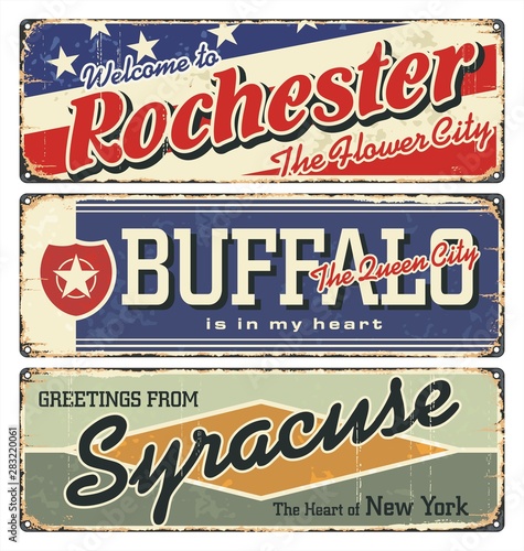 New York tin enamel sign. Vintage city label. Vintage tin sign collection with US cities. Rochester. Buffalo.Syracuse. Retro souvenirs or postcard templates on rust background from New York state.