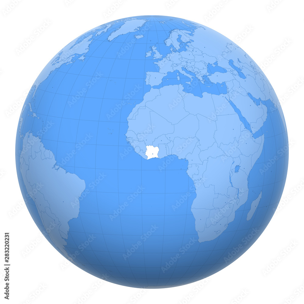 Ivory Coast (Cote d'Ivoire) on the globe. Earth centered at the location of the Republic of Cote d'Ivoire. Map of Ivory Coast. Includes layer with capital cities.