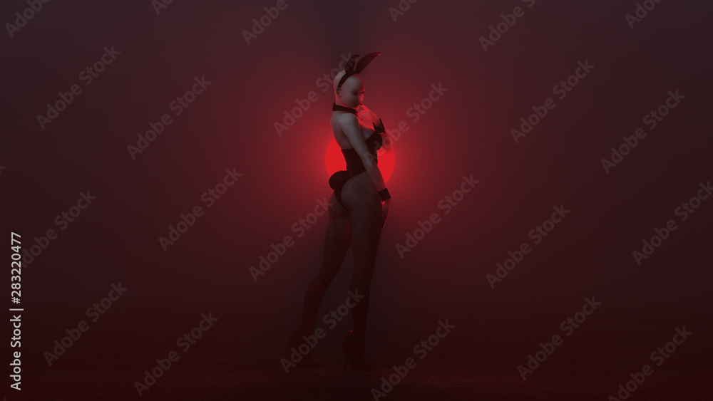 Demon Vampire Bunny Girl in Black with Fishnets in a Red Foggy Void 3d illustration 3d render Demon Vampire Bunny Girl in Black with Fishnets in a Red Foggy Void 3d illustration 3d render