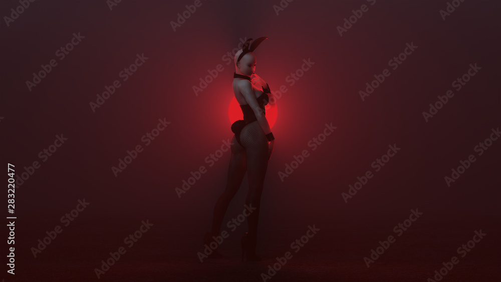 Demon Vampire Bunny Girl in Black with Fishnets in a Red Foggy Void 3d illustration 3d render 