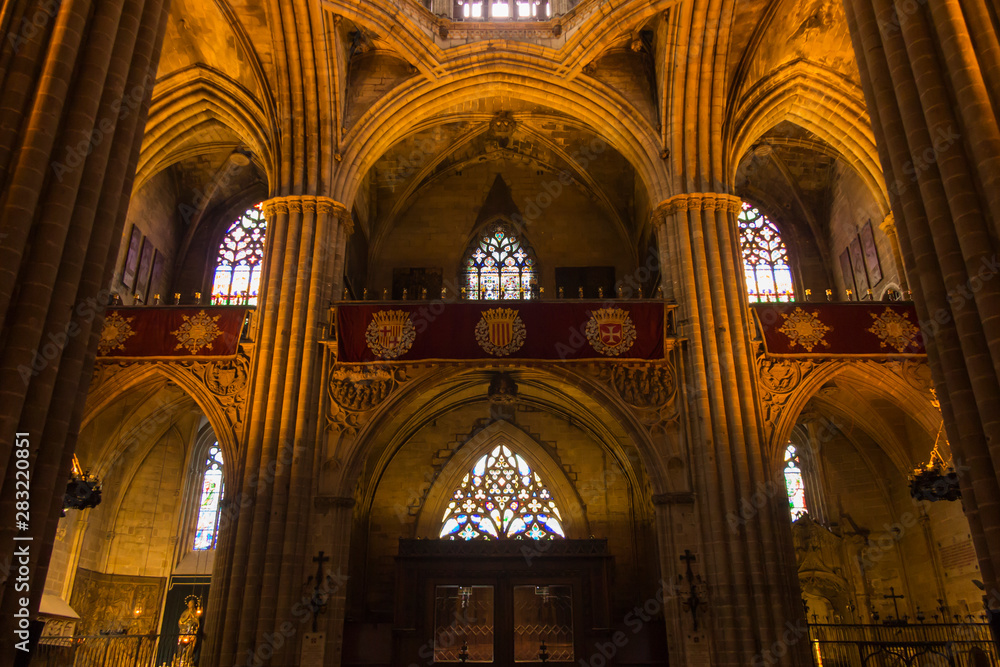 Barcelona, Spain, June 22, 2019: Interior of the Cathedral of Saint Eulalia in Barcelona - a fragment of the decorative vault.