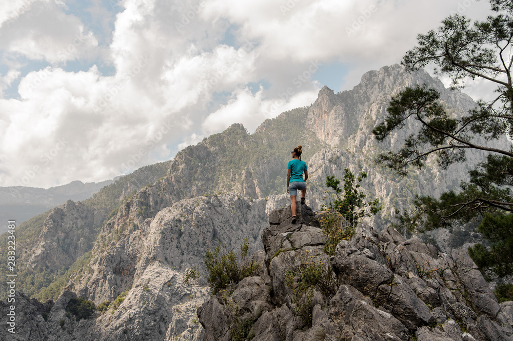 Rear view sporty girl standing on the rock on the beautiful landscape