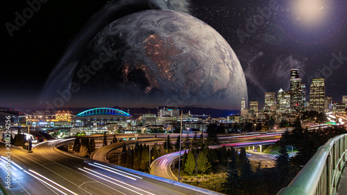 Large moon rising over Seattle city skyline in a futuristic world 