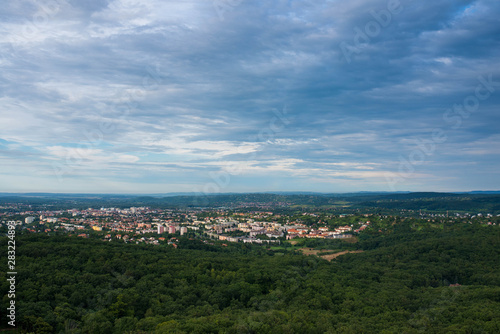 Aerial view of the city of Zalaegerszeg in Hungary at sunset.