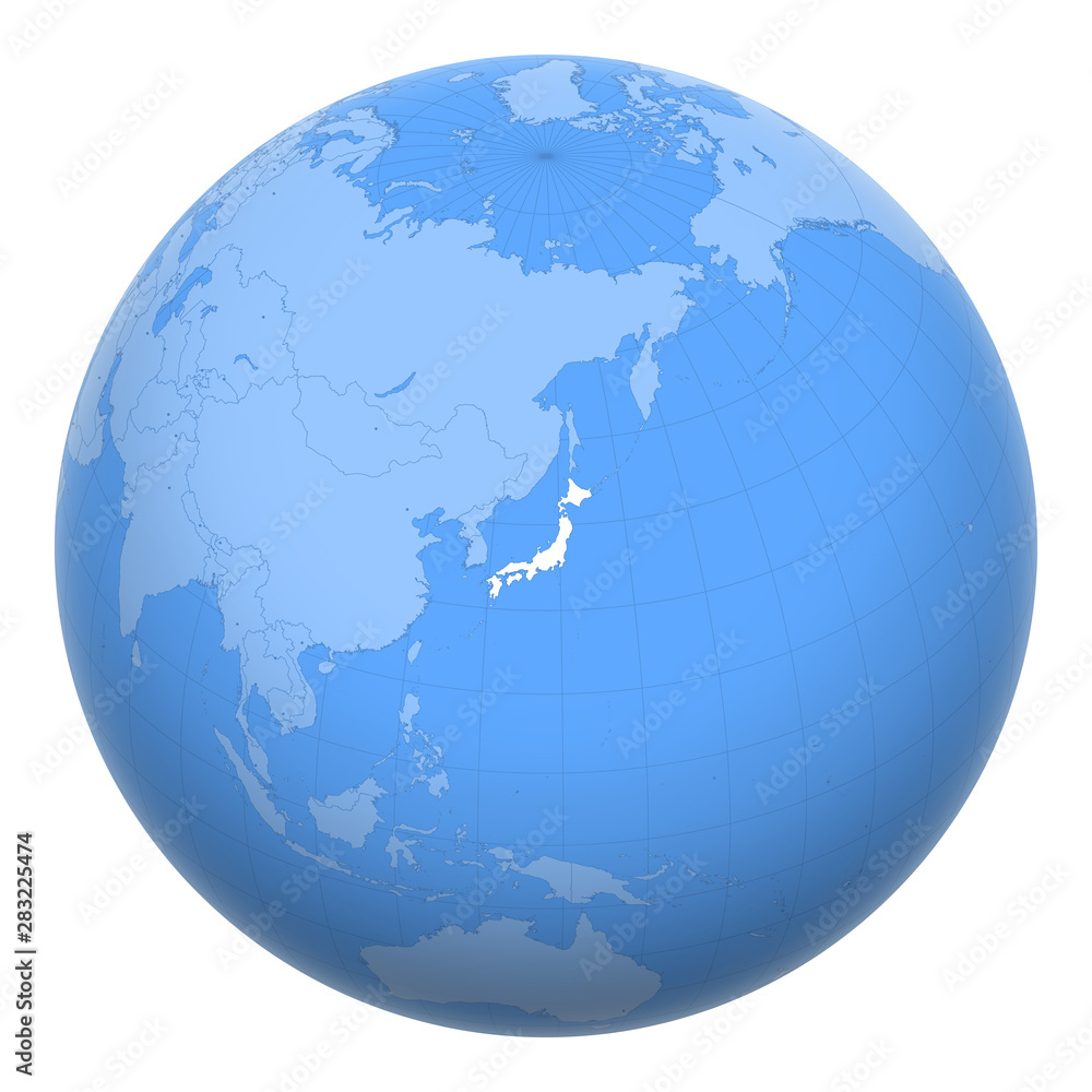 Japan on the globe. Earth centered at the location of Japan. Map of Japan. Includes layer with capital cities. Japan on the globe. Earth centered at the location of Japan. Map of Japan. Includes layer with capital cities.
