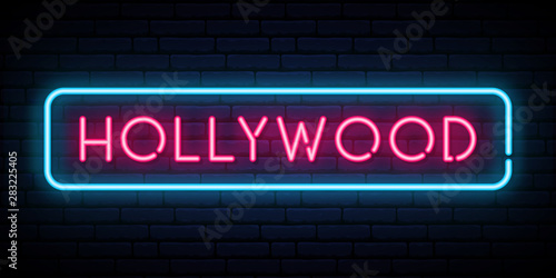Hollywood neon sign. Bright light signboard. Vector banner.