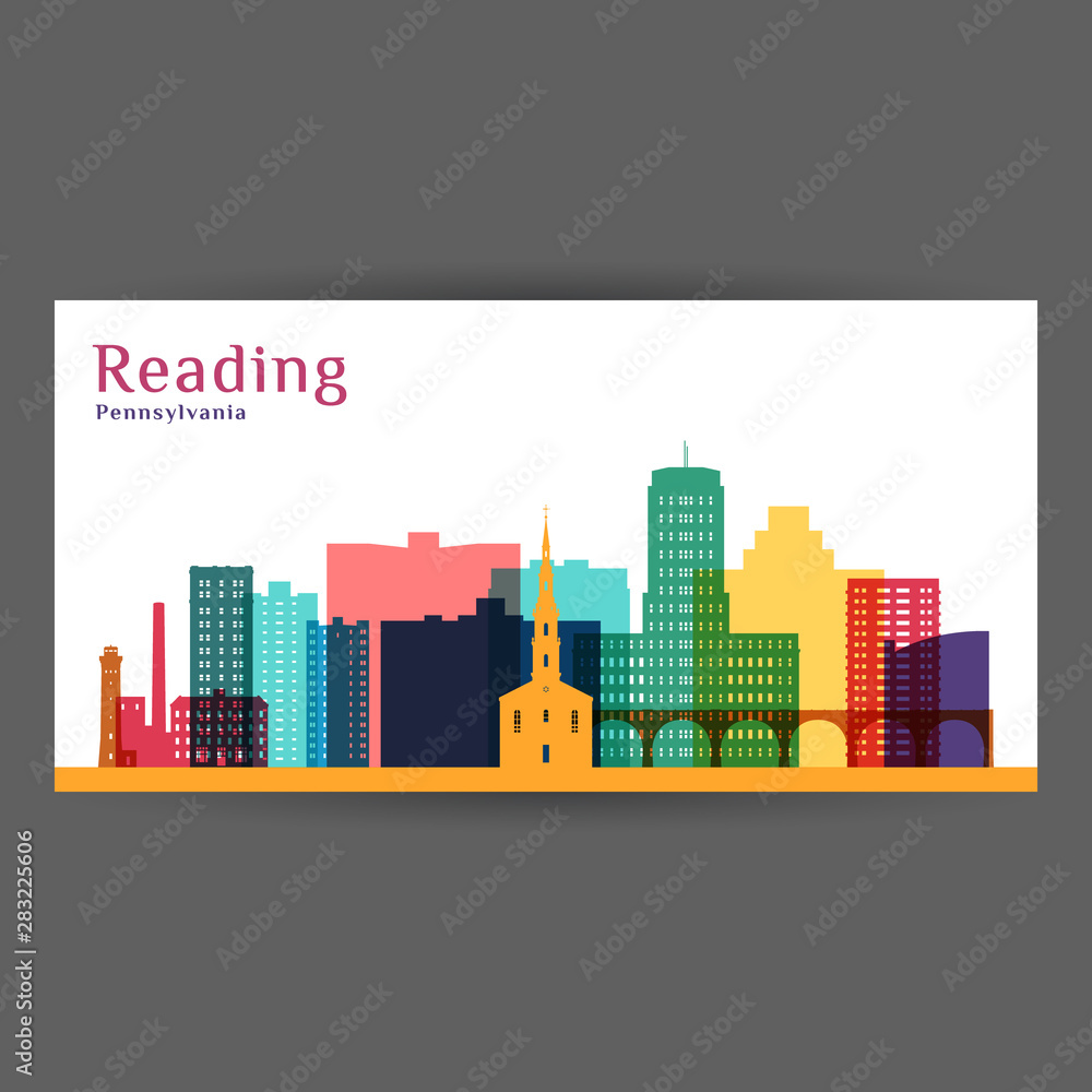 Reading city, Pennsylvania architecture silhouette. Colorful skyline. City flat design. Vector business card.