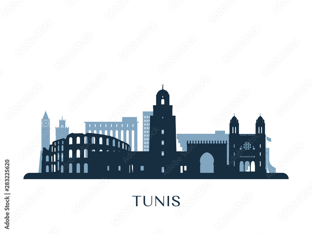 Tunis skyline, monochrome silhouette. Vector illustration.