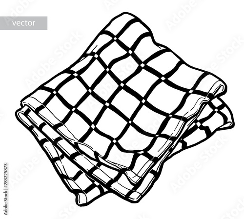 Striped kitchen towel. Black and white hand drawing. Object isolated on white background. Cookbook illustration, recipe, menu, magazine or journal article