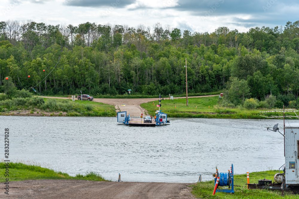 Fototapeta premium St. Laurent ferry crossing in Saskatchewan along the South Saskatchewan River near Batoche.