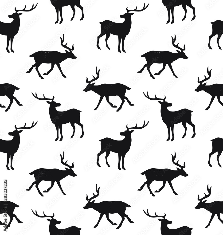 Vector seamless pattern of black deer silhouette isolated on white background