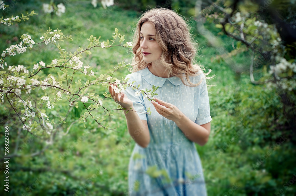 Beautiful happy young woman enjoying smell in a flowering spring garden. Blonde with blue eyes and blue dress. Beautiful happy young woman enjoying smell in a flowering spring garden. Blonde with blue eyes and blue dress.