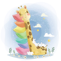 Rollo Babyzimmer Süße Giraffe schläft auf Regenbogenkissen  © Lorarts