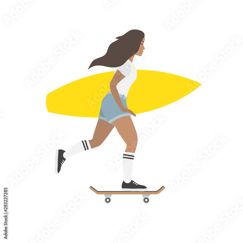 Vector flat cartoon girl young woman on skateboard with surf board isolated on white background