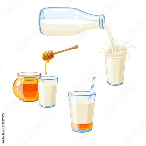 Set of milk and honey. Milk flows out of bottle and splashes into a glass of milk. Pot of honey, honey dipper and glass of mix milk and honey. Vector illustration cartoon flat icon isolated on white.
