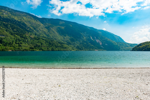 beautiful landscape of the coast of Lake Molveno at the Alps