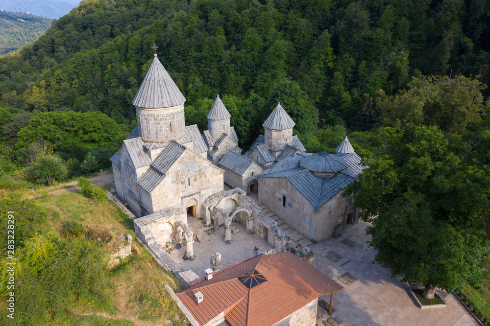 Dilijan Haghartsin monastery in the forested mountains of Armenia. Top view