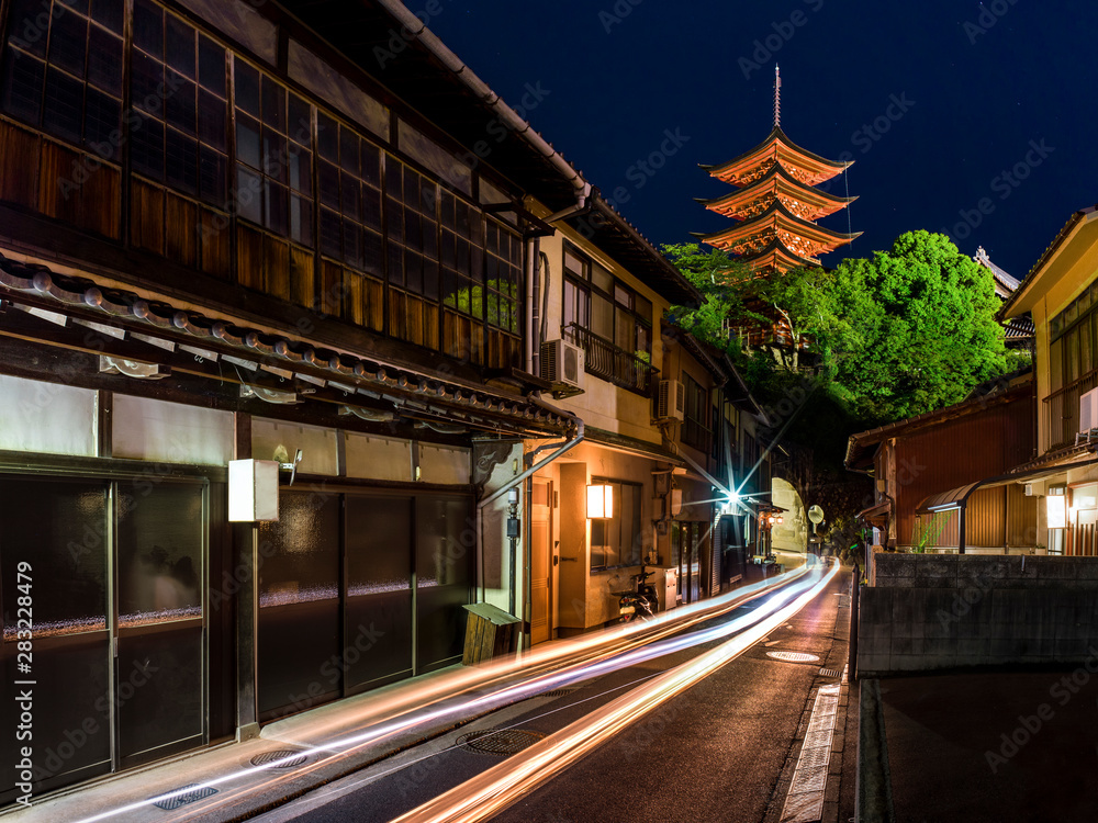 Light trails in Japan - traditional houses and tower