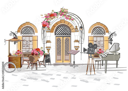 Series of backgrounds decorated with flowers, old town views and street cafes.    Hand drawn vector architectural background. 