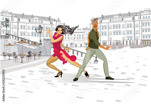 Beautiful romantic couple in passionate Latin American dances in the city. Hand drawn vector illustration.