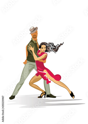 Beautiful romantic couple in passionate Latin American dances. Salsa festival. Hand drawn poster background.