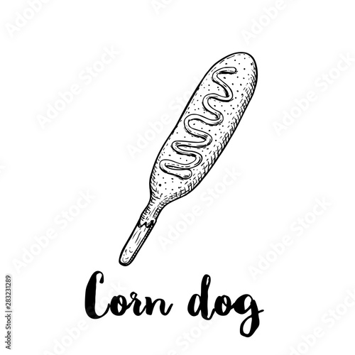 Hand drawn sketch style corn dog with ketchup, mayonnaise or mustard. Wooden stick. Street fastfood drawing. Vector illustration isolated on white background.