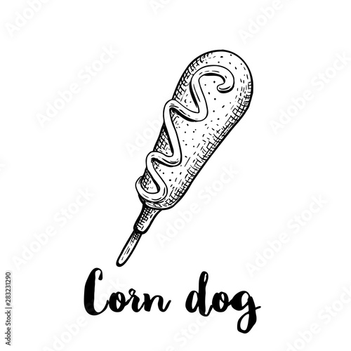 Hand drawn sketch style corn dog with ketchup, mayonnaise or mustard. Wooden stick. Street fastfood drawing. Vector illustration isolated on white background.
