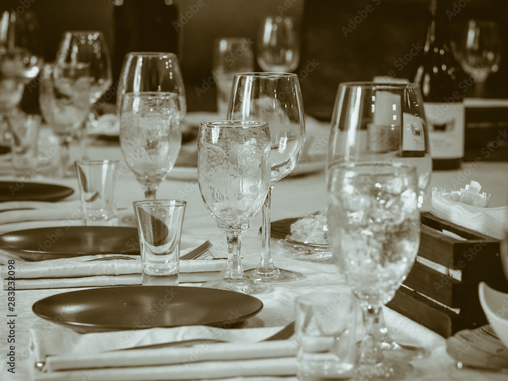 Table setting for dinner or holiday, retro film style, selective focus