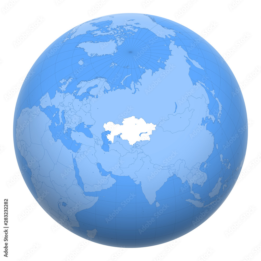 Kazakhstan on the globe. Earth centered at the location of the Republic of Kazakhstan. Map of Kazakhstan. Includes layer with capital cities. Kazakhstan on the globe. Earth centered at the location of the Republic of Kazakhstan. Map of Kazakhstan. Includes layer with capital cities.