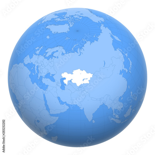 Kazakhstan on the globe. Earth centered at the location of the Republic of Kazakhstan. Map of Kazakhstan. Includes layer with capital cities.