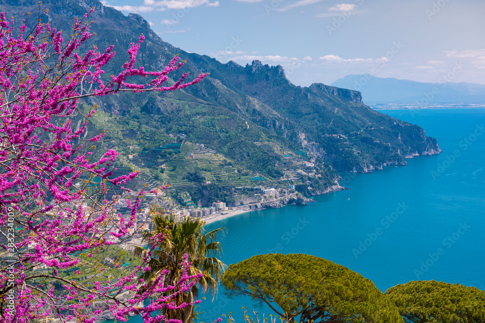 Beautiful view of Amalfi coast in the summer day from Ravello, Italy