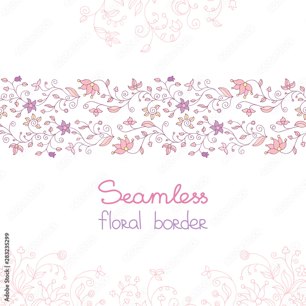 Seamless floral border pink flowers