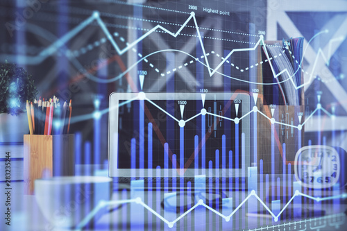 Wallpaper Mural Financial chart drawing and table with computer on background. Double exposure. Concept of international markets. Torontodigital.ca
