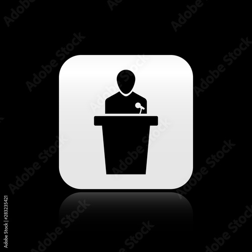 Black Speaker icon isolated on black background. Orator speaking from tribune. Public speech. Person on podium. Silver square button. Vector Illustration