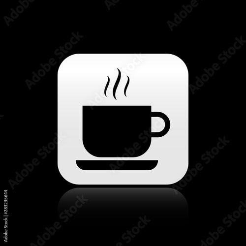 Black Coffee cup icon isolated on black background. Tea cup. Hot drink coffee. Silver square button. Vector Illustration
