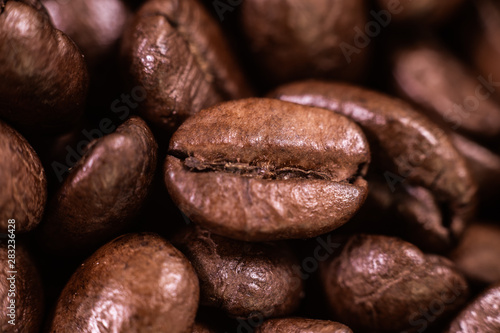 Roast coffee beans macro shot and texture details.