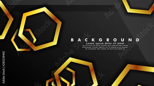 Vector background design that overlaps with hexagon gold color gradients on black space for text and background design
