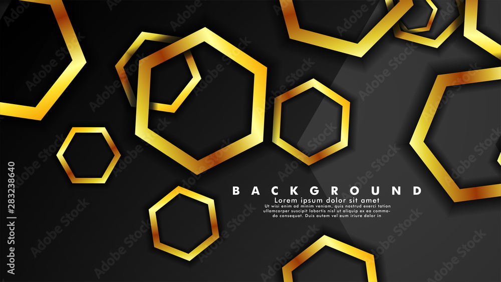 Vector background design that overlaps with hexagon gold color gradients on black space for text and background design Vector background design that overlaps with hexagon gold color gradients on black space for text and background design