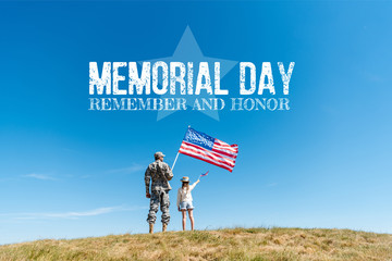 Back view of kid in straw hat and military father holding American flags with memorial day, remember and honor illustration
