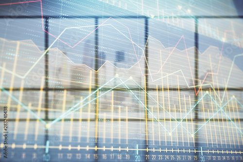 Double exposure of financial chart on empty room interior background. Forex market concept.