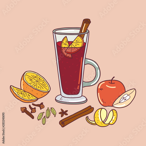 Glass of mulled wine with mulling spices. Illustration traditional hot drink at Christmas time. Autumn and winter holidays. Hand-drawn illustration.