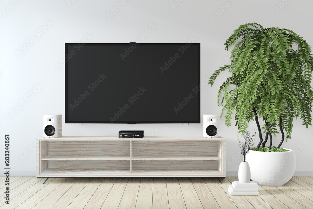 cabinet mock up and smart tv on wall with decoration zen room japanese style.3D rendering