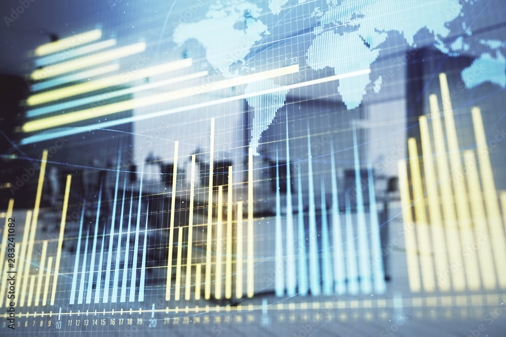 Stock and bond market graph and world map with trading desk bank office interior on background. Multi exposure. Concept of international finance Stock and bond market graph and world map with trading desk bank office interior on background. Multi exposure. Concept of international finance