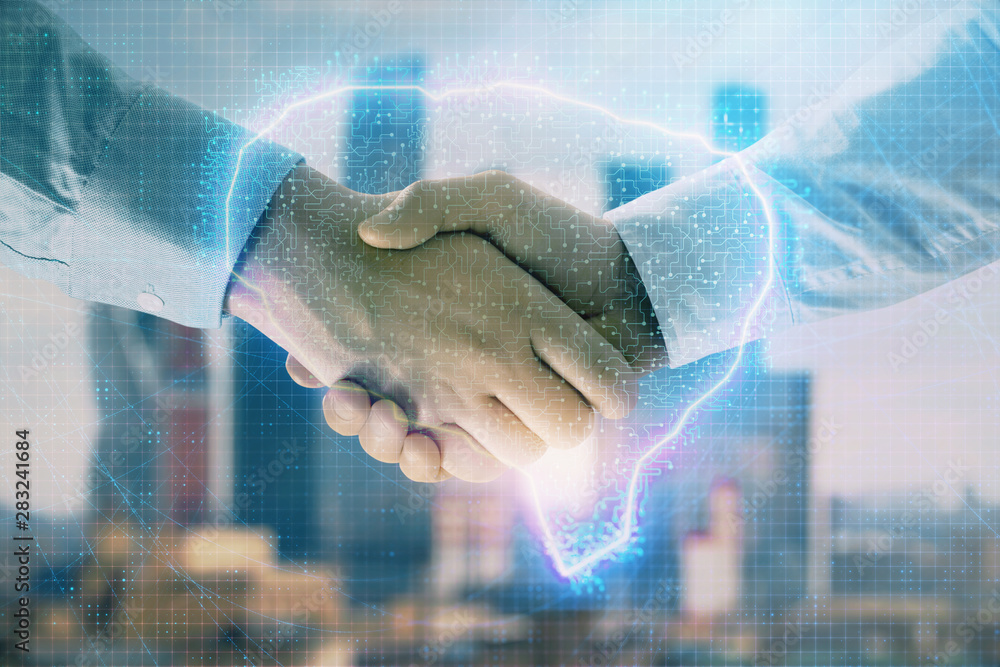 Multi exposure of human brain drawing on city view background with handshake. Concept of brainstorm Multi exposure of human brain drawing on city view background with handshake. Concept of brainstorm