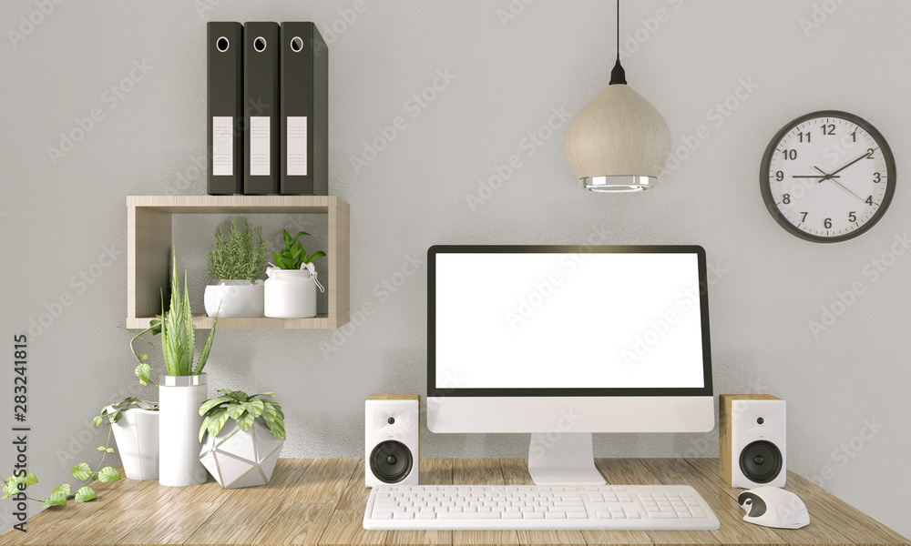 computer with blank screen and decoration in office room mock up background.3D rendering computer with blank screen and decoration in office room mock up background.3D rendering