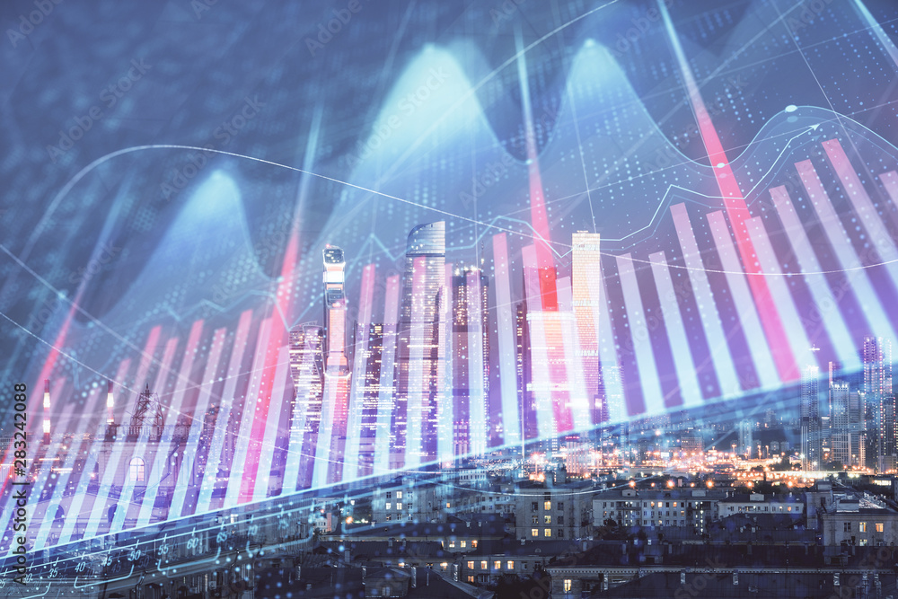 Double exposure of financial chart on Moscow city downtown background. Concept of stock market analysis Double exposure of financial chart on Moscow city downtown background. Concept of stock market analysis