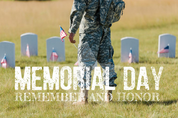cropped view of military man holding american flag near headstones in graveyard with memorial day, remember and honor illustration