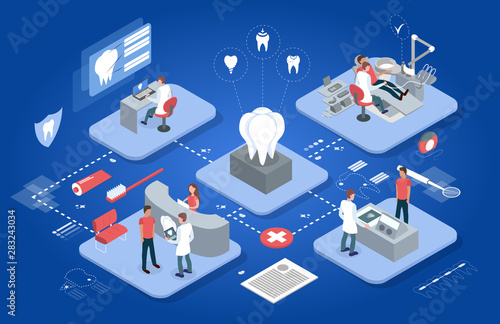 Dentistry isometric template with different stages of medical care in stomatology on blue background isolated vector illustration
