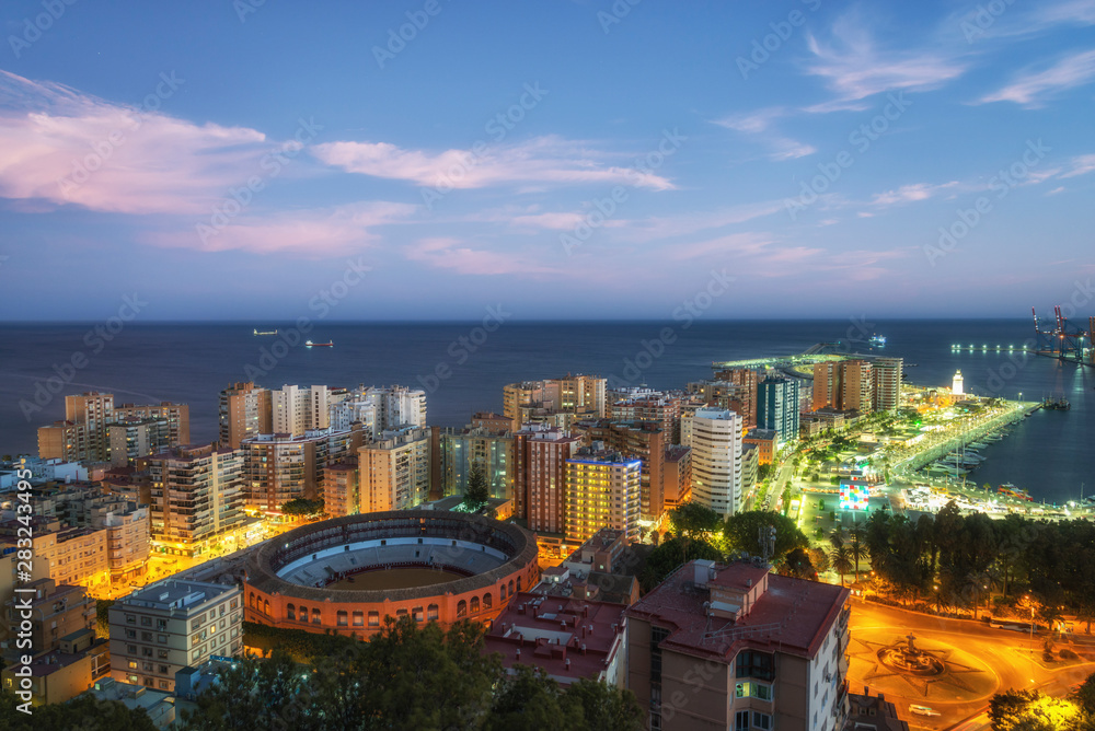 Night view of the Malaga from the Gibralfaro viewpoint, Andalusia, Spain